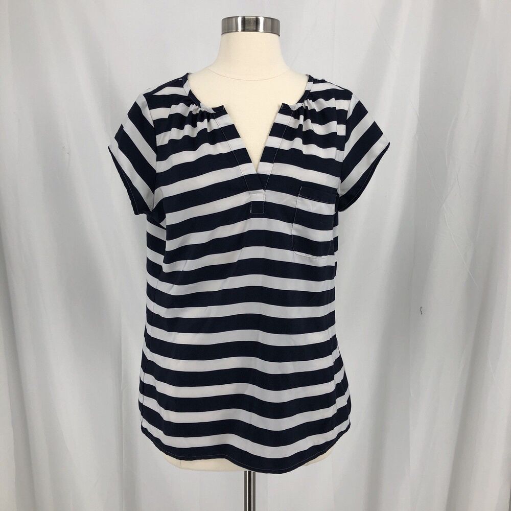 Ann Taylor LOFT Womens Navy Blue White Striped Split Neck Blouse Top Sz M